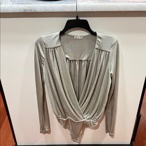 Free People Metallic Silver Long Sleeve Bodysuit